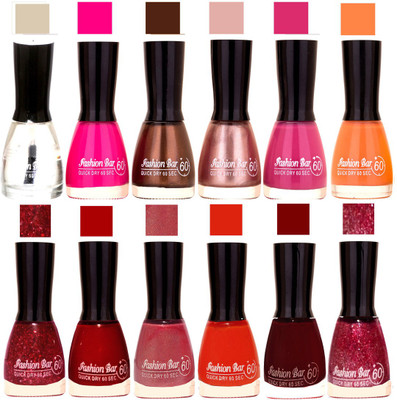 

Fashion Bar Transperent,Rani Pink,Dark Brown,Precious Pink,Purple,Peach ,Jari,Red,Pearl Pink,Orange,Maroon,Glitter Nail polish Transperent,Rani Pink,Dark Brown,Precious Pink,Purple,Peach ,Jari,Red,Pearl Pink,Orange,Maroon,Glitter(Pack of 12)