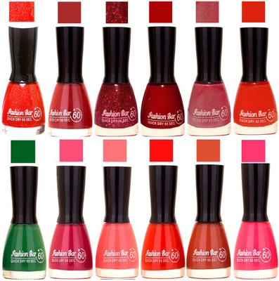 

Fashion Bar Glitter Red,Mauve,Glitter,Cherry Red,Pearl Pink,Orange,Green,Purple,Hot Pink,Sunset Red,Nude Brown,Neon Pink Nail polish Glitter Red,Mauve,Glitter,Cherry Red,Pearl Pink,Orange,Green,Purple,Hot Pink,Sunset Red,Nude Brown,Neon Pink(Pack of 12)