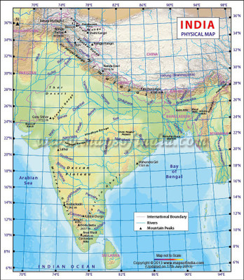 

India Physical Map Vinyl - Fine Art Print(32.6 inch X 27.5 inch)