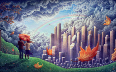 

hill city love couple painting Print Poster on LARGE PRINT 36X24 INCHES Photographic Paper(36 inch X 24 inch, Rolled)