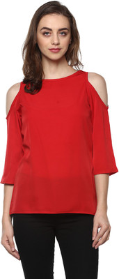 MAYRA Casual 3/4 Sleeve Solid Women Red Top