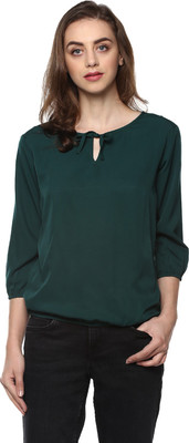 MAYRA Casual 3/4 Sleeve Solid Women Dark Green Top