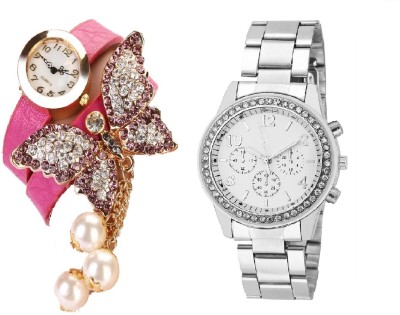 COSMIC PINK BRACELET BEAUTIFUL BUTTERFLY PENDENT WITH Rhinestone Studded Analog WHITE Dial GENEVA SERIES DIAMOND STUDDED LADIES PARTY WEAR Watch  - For Women   Watches  (COSMIC)