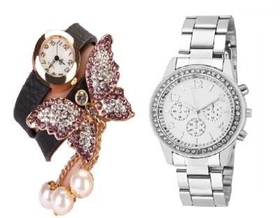 COSMIC BLACK BRACELET BEAUTIFUL BUTTERFLY PENDENT WITH Rhinestone Studded Analog WHITE Dial GENEVA SERIES DIAMOND STUDDED LADIES PARTY WEAR Watch  - For Women   Watches  (COSMIC)