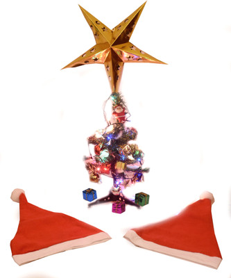 

Indigo Creatives Beautiful Christmas theme Desktop 12" Tree kit with Decoration, Blinking Rice Lights and Star 202 Tree Skirt Pack of 9