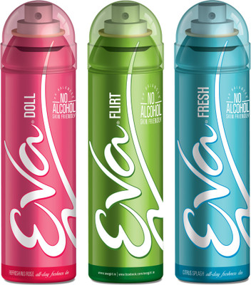 

EVA Deodorant Spray, Fresh, Doll & Flirt ,125ml - Combo 3 Deodorant Spray - For Women(125 ml, Pack of 3)