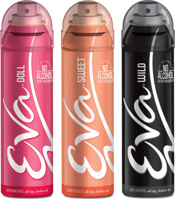 

EVA Deodorant Spray, Doll, Wild & Sweet ,125ml - Combo 3 Deodorant Spray - For Women(125 ml, Pack of 3)