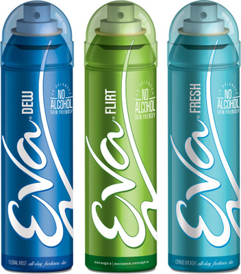 

EVA Deodorant Spray, Fresh, Flirt & Dew ,125ml - Combo 3 Deodorant Spray - For Women(125 ml, Pack of 3)
