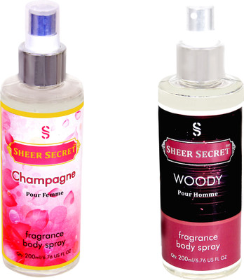 

SHEER SECRET CHAMPAGNE WOMEN::WOODY MEN Body Mist - For Men & Women(400 ml, Pack of 2)