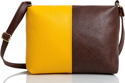 

Mammon Girls Casual Yellow, Tan Rexine, Velvet Sling Bag, Tan;yellow