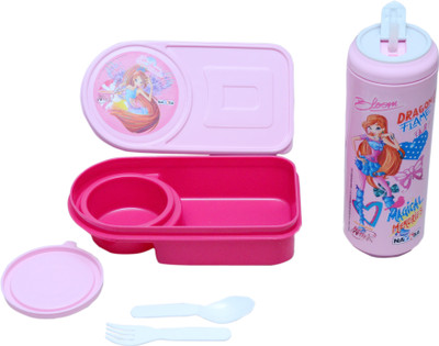 

Nayasa set of tiffin & insulated can bottle with a pair of spoon and fork 2 Containers Lunch Box(700 ml), Pink;red