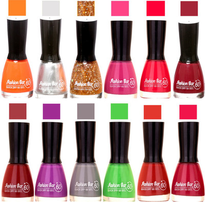 

Fashion Bar Light Orange,Silver,Glitter gold,Purple,Pink,Mauve,Cherry,Deep Purple,Grey,Green,Rich Brown,Mazanta Nail polish Light Orange,Silver,Glitter gold,Purple,Pink,Mauve,Cherry,Deep Purple,Grey,Green,Rich Brown,Mazanta(Pack of 12)