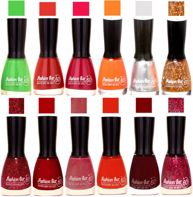 

Fashion Bar Green,Rich Brown,Mazanta,Peach,Silver,Glitter Golden,Jari,Red,Pearl Shimmer Pink,Orange,Cherry Red,Mazanta Jari Nail polish Green,Rich Brown,Mazanta,Peach,Jari Red,Mauve,Jari,Red,Pearl Shimmer Pink,Orange,Cherry Red,Mazanta Jari(Pack of 12)