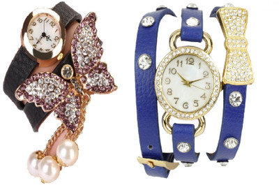 

COSMIC BLACK BRACELET BEAUTIFUL BUTTERFLY PENDENT AND BLUE BO-TIE DIAMOND STUDDED ladies party wear Watch - For Women