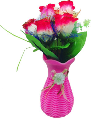 

Random Artififical White and Red Glitter Roses Plant with Pink Vase Multicolor Rose Artificial Flower with Pot(12 inch, Pack of 2)