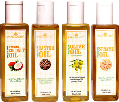 

Park Daniel Premium Virgin Coconut oil, Olive Oil and Sesame oil and Castor oil Combo of 4 bottles of 100 ml(400ml)(400 ml)