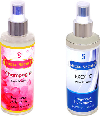 SHEER SECRET CHAMPAGNE WOMEN::EXOTIC MEN Body Mist - For Men & Women(400 ml, Pack of 2)