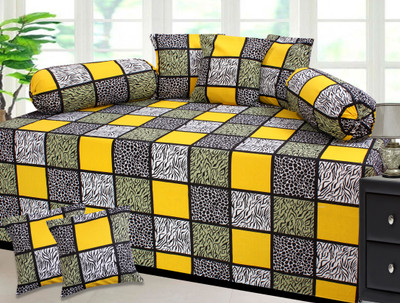 Shreejee Cotton Abstract Diwan Set(1 Diwan set with 5 cushiopn covers and 2 booster covers, Multicolor)