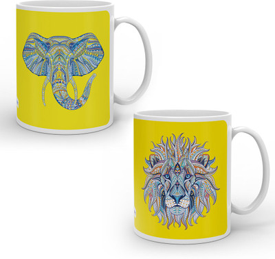 

Indigifts Best Festival Gifts Diwali Christmas New Year Kitchen Artistic Designer Elephant & Lion Face Yellow set of 2 Printed Best Quality Ceramics Home Family Friends Ceramic Mug(330 ml, Pack of 2), Multicolor