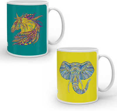 

Indigifts Best Festival Gifts Diwali Christmas New Year Kitchen Artistic Designer Horse & Elephant Face set of 2 Printed Best Quality Ceramics Home Family Friends Ceramic Mug(330 ml, Pack of 2), Multicolor