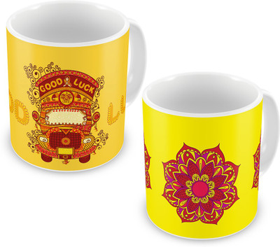 

Indigifts Best Festival Gifts Diwali Christmas New Year Kitchen Red Heena Print & Yellow Good Luck Truck set of 2 Printed Best Quality Ceramics Home Family Friends Ceramic Mug(330 ml, Pack of 2), Multicolor