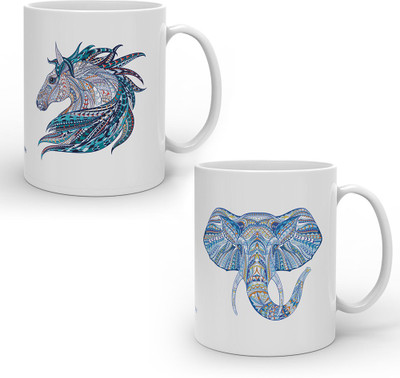 

Indigifts Best Festival Gifts Diwali Christmas New Year Kitchen White Artistic Designer Horse & Elephant Face set of 2 Printed Best Quality Ceramics Home Family Friends Ceramic Mug(330 ml, Pack of 2), Multicolor