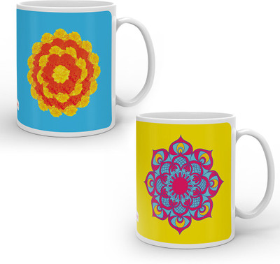 

Indigifts Best Festival Gifts Diwali Christmas New Year Kitchen Pink Rangoli Marigold Flower set of 2 Printed Best Quality Ceramics Home Family Friends Ceramic Mug(330 ml, Pack of 2), Multicolor