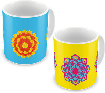 

Indigifts Best Festival Gifts Diwali Christmas New Year Kitchen Indian Style Rangoli Marigold Flowers Traditional set of 2 Printed Best Quality Ceramics Home Family Friends Ceramic Mug(330 ml, Pack of 2), Multicolor