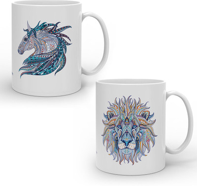

Indigifts Best Festival Gifts Diwali Christmas New Year Kitchen White Artistic Designer Horse & Lion Face set of 2 Printed Best Quality Ceramics Home Family Friends Ceramic Mug(330 ml, Pack of 2), Multicolor