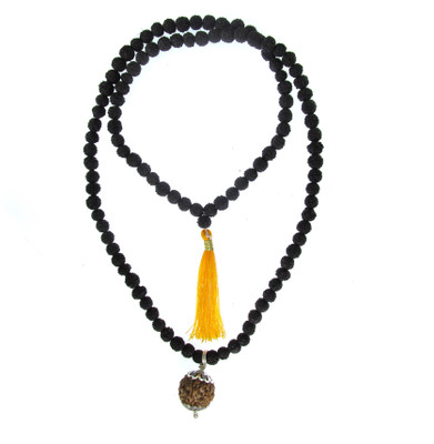 SHIVOHAM Five Face Rudraksha Silver Cap Locket With Black Rudraksha Mala ( 108+1) Beads Wood Pendant Set