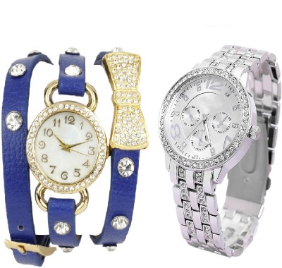 COSMIC BEAUTIFUL BLUE BO-TIE DIAMOND STUDDED WITH Rhinestone Studded Analog silver Dial GENEVA SERIES artificial chronograph ladies party wear Watch  - For Women   Watches  (COSMIC)