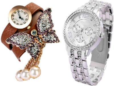COSMIC brown bracelet beautiful butterfly pendent with Rhinestone Studded Analog silver Dial GENEVA SERIES artificial chronograph ladies party wear Watch  - For Women   Watches  (COSMIC)