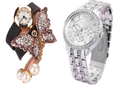 COSMIC black bracelet beautiful butterfly pendent with Rhinestone Studded Analog silver Dial GENEVA SERIES artificial chronograph ladies party wear Watch  - For Women   Watches  (COSMIC)
