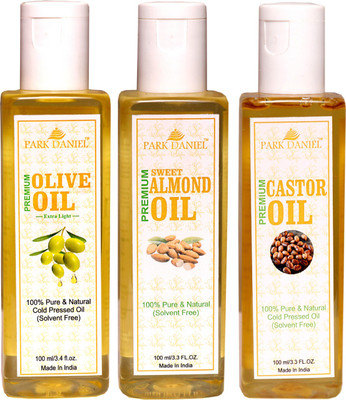 

Park Daniel Extra Light Olive Oil and Sweet Almond oil and Castor Oil-100 % Pure and Natural Combo of 3 No.100 ml Bottles(300 ml) Hair Oil(300 ml)
