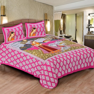 COTTON INDIA RAJASTHANI 200 TC Cotton Double 3D Printed Flat Bedsheet(Pack of 1, Pink)