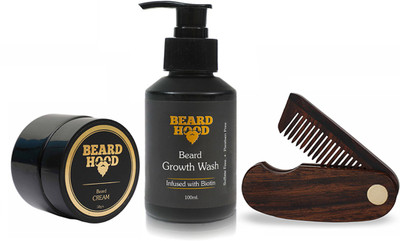 

Beardhood Folding Beard Comb & Beard Growth Wash (100ml) & 100% Natural Beard Cream (50g)(Set of 3)