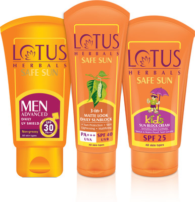 

lotus herbals Safe Sun Indian Summer Formula Pf++ Uva|Spf 30 Uvb Sun Block Cream100 g and SPF 25 Kids 100gm and and Matte look SPF 40 100gm(Set of 3)