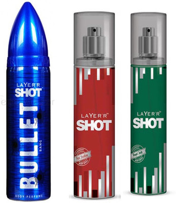 

LAYERR SHOT ROYAL JADE FRAGRANT BODY SPRAY + SHOT RED STALLION FRAGRANT BODY SPRAY + SHOT BULLET BANG BODY PERFUME Body Spray - For Men(135 ml)