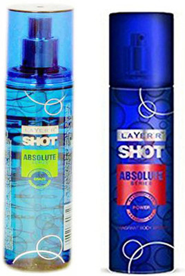 

Layer SHOT ABSOLUTE SERIES POWER FRAGRANT BODY SPRAY + SHOT ABSOLUTE SERIES CRAZE FRAGRANT BODY SPRAY Body Spray - For Men(135 ml, Pack of 2)