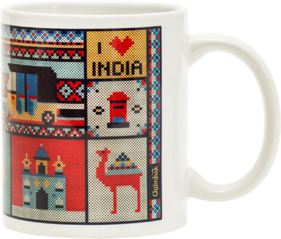 Chumbak Cross Stitch Adventure Ceramic Mug(300 ml), Multicolor