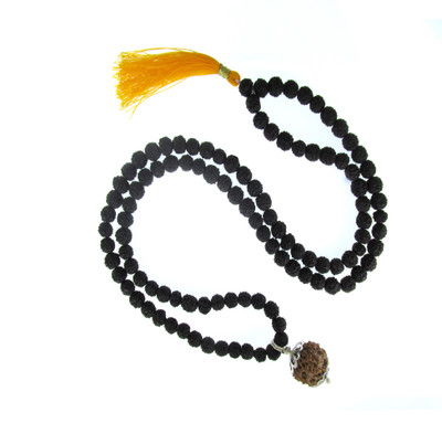 SHIVOHAM 5 Face Rudraksha Silver Cap Locket With Black Rudraksha Mala (108+1) Beads Wood Pendant Set
