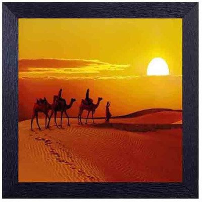 

sanddunes , camels and awesome sun set Photographic Paper(14 inch X 14 inch, Framed)