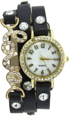 Freny Exim Fancy And Unique Love Bracelet Type Soft Black Leather Strap Diamond Studded in Round Dial Watch  - For Girls   Watches  (Freny Exim)