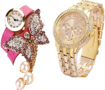 View COSMIC pink bracelet beautiful butterfly pendent with Rhinestone Studded Analog gold Dial GENEVA SERIES artificial chronograph ladies party wear Watch  - For Women Wrist Watches Price Online(COSMIC)