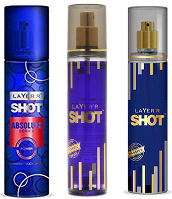 

LAYERR SHOT PASSION FRAGRANT BODY SPRAY + SHOT DYNAMIC FRAGRANT BODY SPRAY + SHOT ABSOLUTE SERIES POWER FRAGRANT Body Spray - For Men(135 ml, Pack of 3)