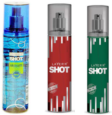 

LAYERR SHOT ROYAL JADE FRAGRANT BODY SPRAY + SHOT RED STALLION FRAGRANT BODY SPRAY + SHOT ABSOLUTE SERIES CRAZE FRAGRANT Body Spray - For Men(135 ml, Pack of 3)
