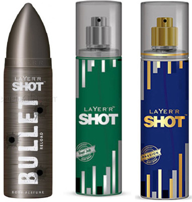 

LAYERR SHOT PASSION FRAGRANT BODY SPRAY + SHOT DYNAMIC FRAGRANT BODY SPRAY + SHOT BULLET BURST BODY PERFUME Body Spray - For Men(135 ml)