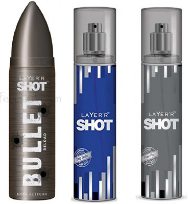 

LAYERR SHOT DEEP DESIRE FRAGRANT BODY SPRAY + SHOT POWER PLAY FRAGRANT BODY SPRAY + SHOT BULLET RELOAD BODY PERFUME Body Spray - For Men(135 ml, Pack of 3)