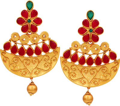 SPARGZ Filigree Work Gold Plated Pearl Ruby Emerald Matte Finish Dangle Earring Ruby Brass Drops & Danglers