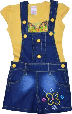 ZADMUS Dungaree For Girls Casual Embroidered Denim(Yellow, Pack of 1)